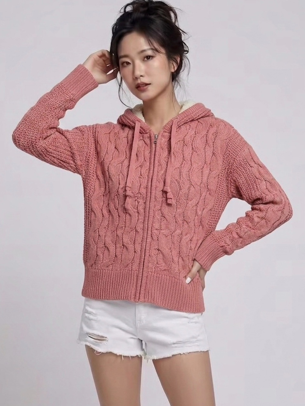 Derek Heart Cable-Knit Zip Hoodie Cardigan - Dusty Rose
